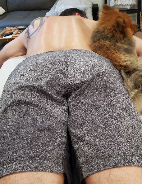 A client receiving massage at home with their dog beside the treatment table
